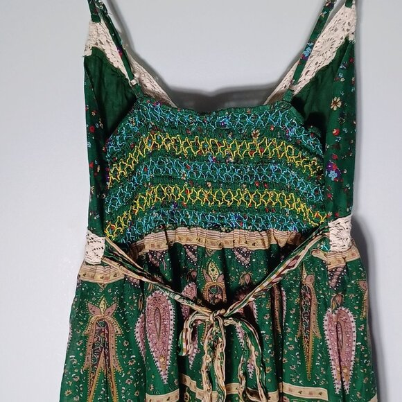 Womens Boho Midi Dress Medium Green Paisley Hippie Fairycore Festival Peasant - Picture 8 of 9